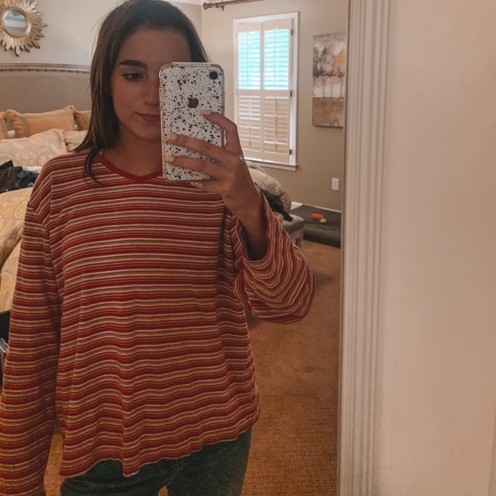 mustard/red striped shirt